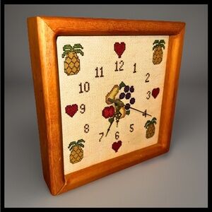 Vintage Framed Cross Stitch Wall Clock | Fruit Motif | Handmade Needlepoint
